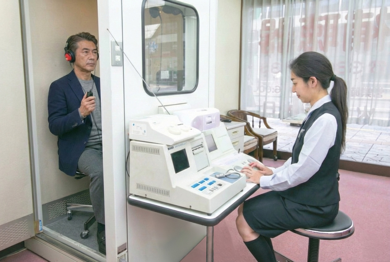 補聴器専門店での聴力測定とカウンセリングの様子